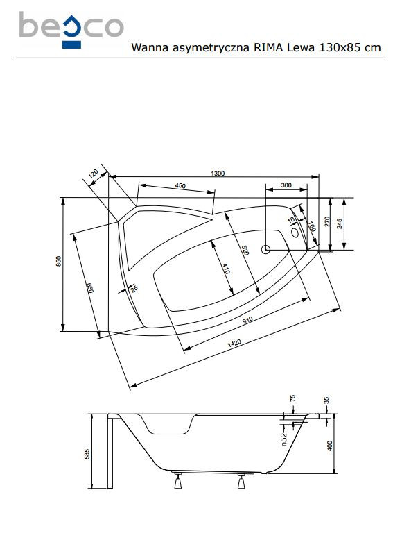 Ванна акриловая RIMA 130х85 BESCO левосторонняя - фото 3 - id-p493656345