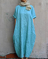 Платье льняное в стиле Бохо №1 цвет на выбор. С карманами, боченок, сводоный крой. Стандарт-батал