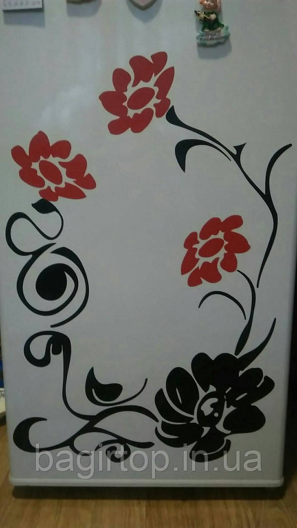 Вінілова наклейка на холодильник ( Червоні, чорні квіти) набір від 30х40 см 