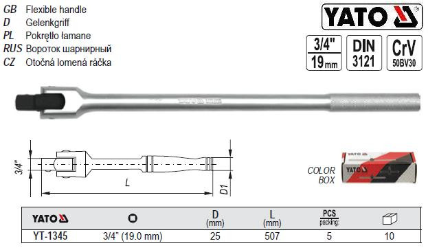 Вороток шарнірний квадрат 3/4" L-507 мм YATO YT-1345
