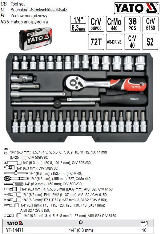 Набір головок торцевих YATO 1/4" М=3.5-14 38 штук YT-14471