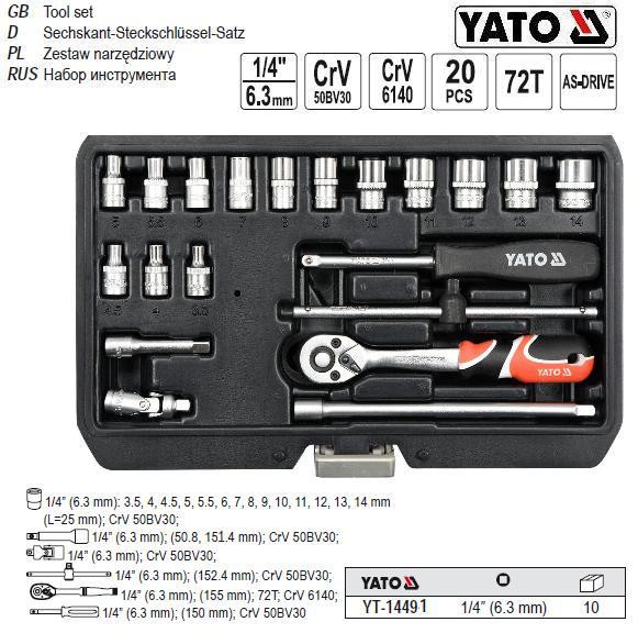 Набір торцевих головок 1/4" М=3.5-14 мм 20 штук YT-14491