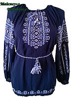 Вишиванка жіноча "Ілюзія" на синьому шифоні, блузка вишита білими та голубими нитками, машинна вишивка