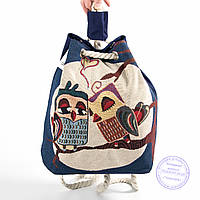 Эко рюкзак с рисунком синий с совами - 728