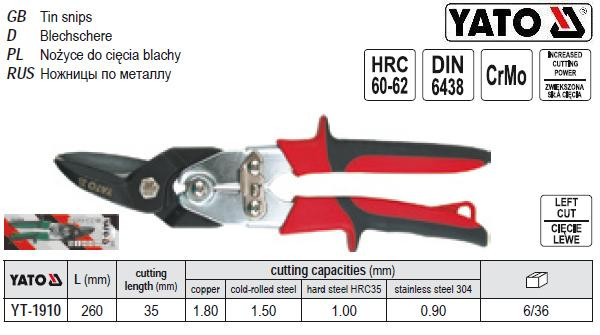 Ножиці по металу YATO Польща профі ліві l=260 мм YT-1910