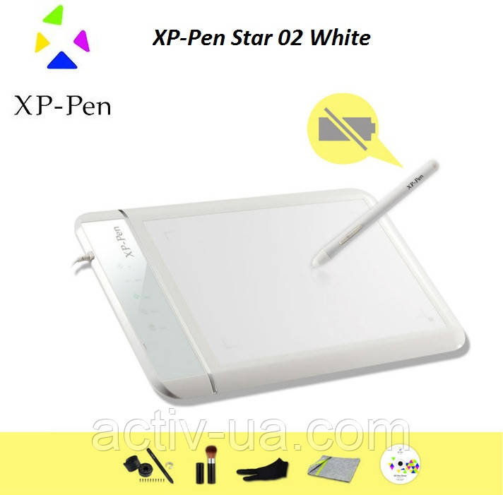 Графічний Планшет для малювання XP-Pen Star 02 White, сенсорні кнопки, чохол, робоча поверхня 204*127мм