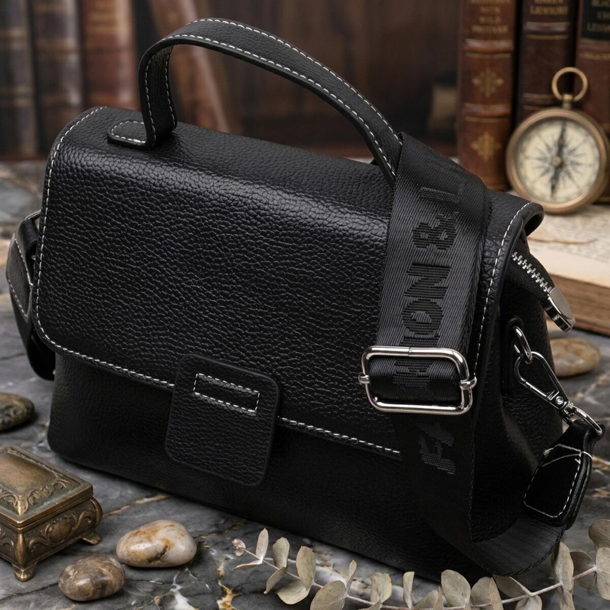 Сумка сэтчел в классическом цвете для женщин из натуральной кожи Vintage 22291 Черная 4713820