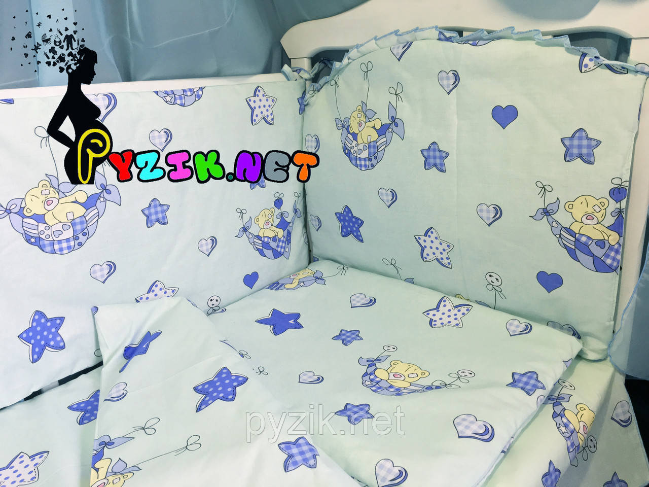 Постільний набір у дитяче ліжечко (8 предметів) Premium "Ведмедики в гамаку" ніжно-бірюзовий
