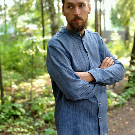 Льна рубаха вільного крою зі стоячкою.Мальчикам, чоловікам, будь-який розмір, фото 1