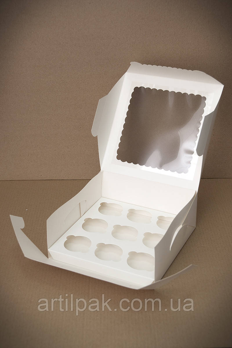 Коробка для капкейков, кексов и мафинов 9 штук Белая 250*250*100 с окном - фото 4 - id-p512728517
