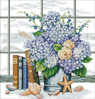 Набір для вишивання рахунковим хрестом Букет квітів біля вікна 35х36 см (арт. MK040)