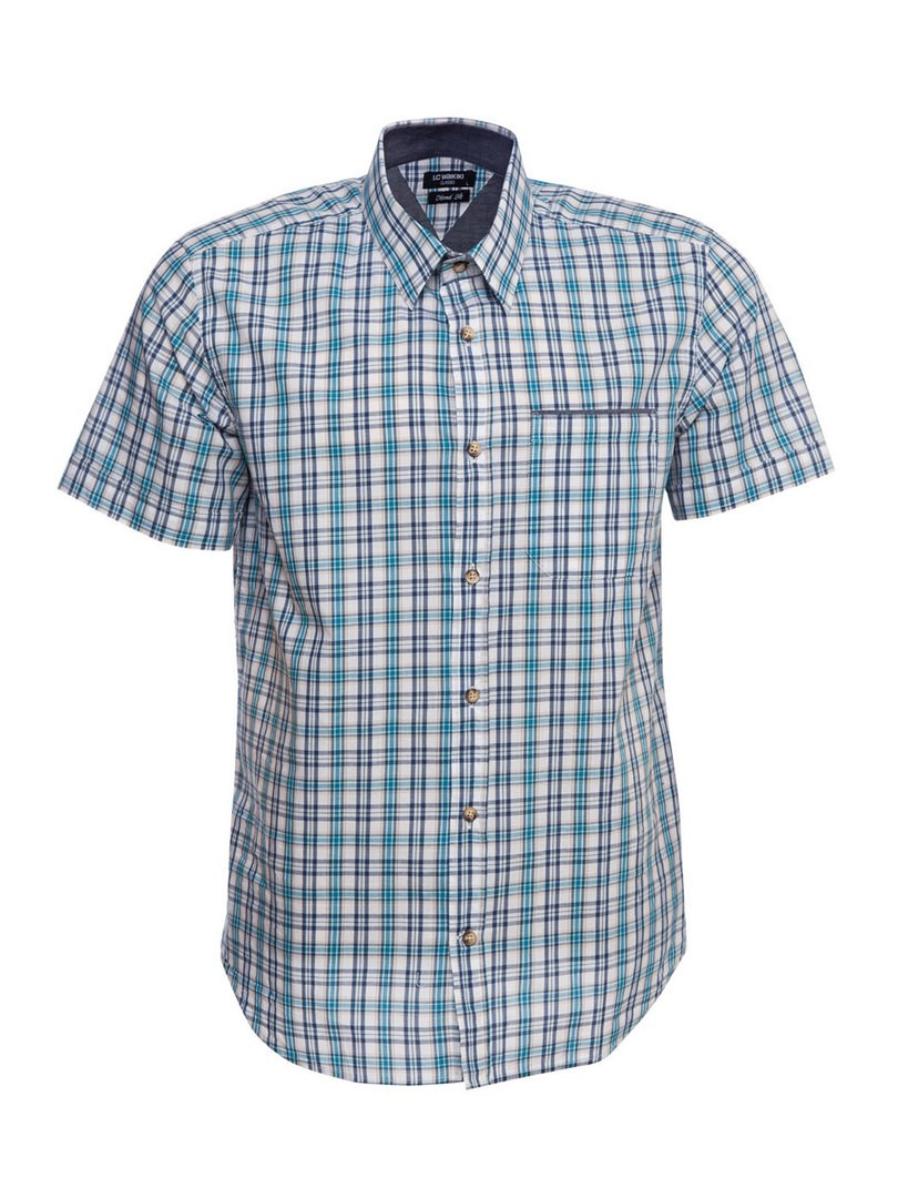 Мужская рубашка LC Waikiki с коротким рукавом белого цвета в сине-голубые полоски - фото 3 - id-p512944027