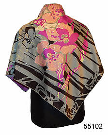 Хустка жіночий шовковий атласний легкий з принтом і візерунком орхідея колір сірий 90*90