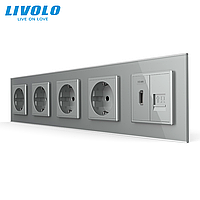 Розетка пятиместная с HDMI и RJ-45 встроенная 220-240 В 16 А стекло серая LIVOLO REM-1677