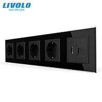 Розетка пятиместная с HDMI и RJ-45 встроенная 220-240 В 16 А черная стекло LIVOLO REM-1678