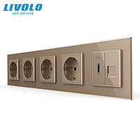 Розетка пятиместная с HDMI и RJ-45 встроенная 220-240 В 16 А стекло золотая LIVOLO REM-1679