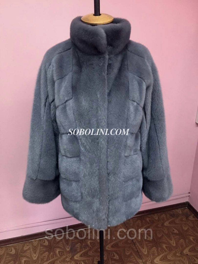 Кожушок із хутра скандинавської норки, колір графіт, комір-стійка, комбінований крій, фото 1