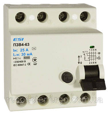 Модульний пристрій захисного вимкнення 6 кА, 4 п, 63 А, 30 мА, фото 1