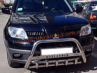 Защита переднего бампера кенгурятник с надписью из нержавейки на Mitsubishi Outlander 2001-2006