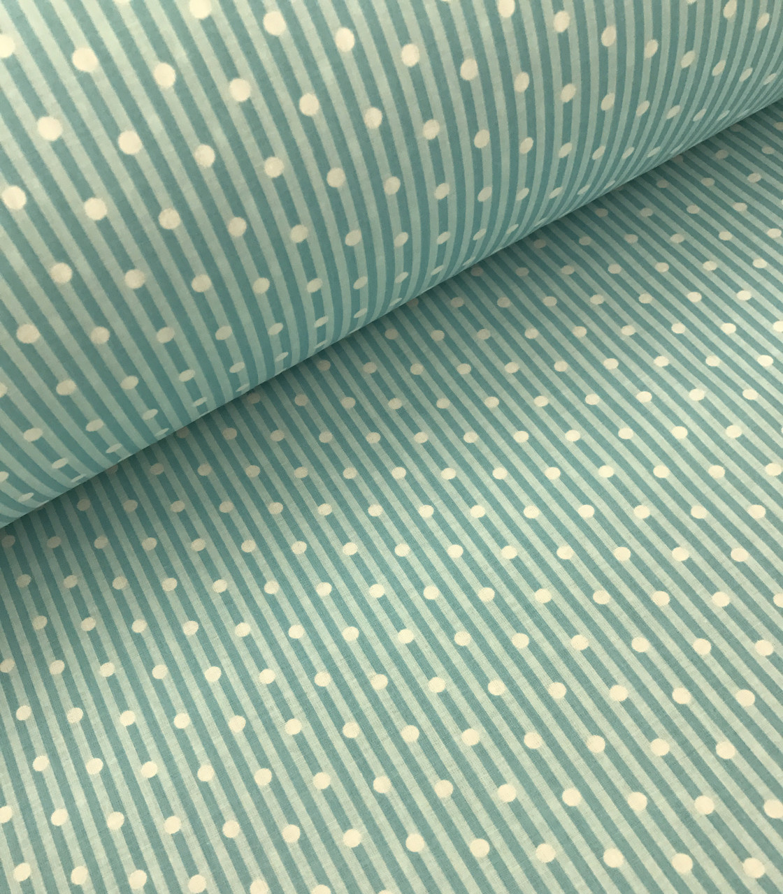 Бавовняна тканина польська смужка світло-блакитна з білим горошком