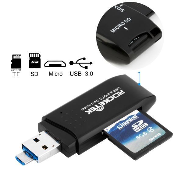 Картрідер cardreader Rocketek USB 3.0 MicroUSB OTG для SD, micro SD, SDXC, SDHC ЧОРНИЙ SKU0000670