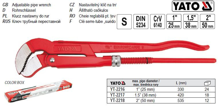 Ключ трубний переставний тип S 2,0" CrV l=535 мм YT-2218