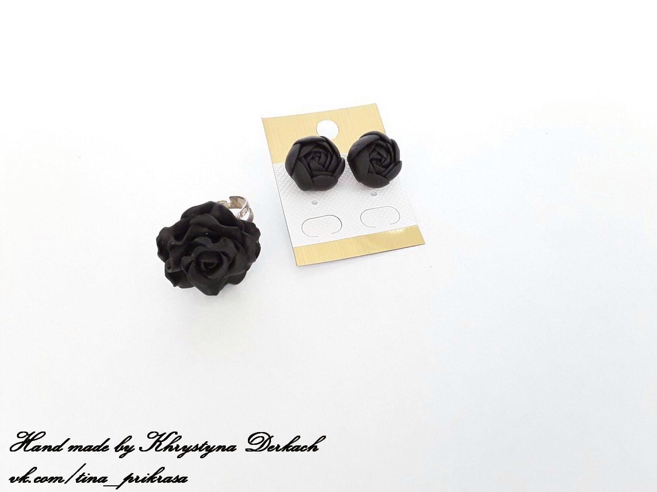 Набір комплект Квіток сережки та кільце квітів чорний колір Hand made, фото 1