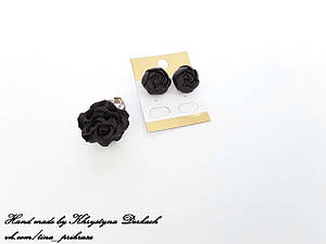 Набір комплект Квіток сережки та кільце квітів чорний колір Hand made