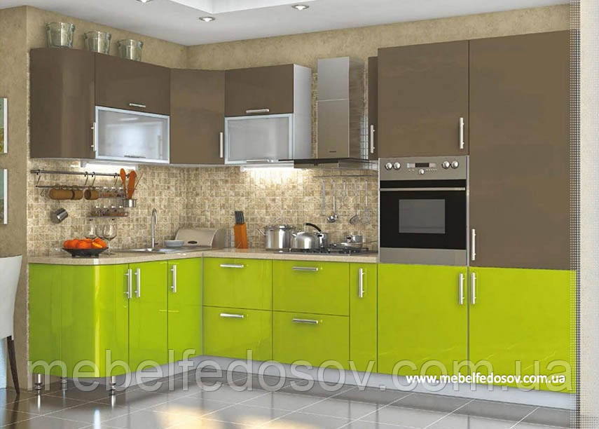 Кухня Hihg Gloss / Х'юго Глос (Мебель стар) лайм+капучино кутова 1 метр/погонній/п, фото 1