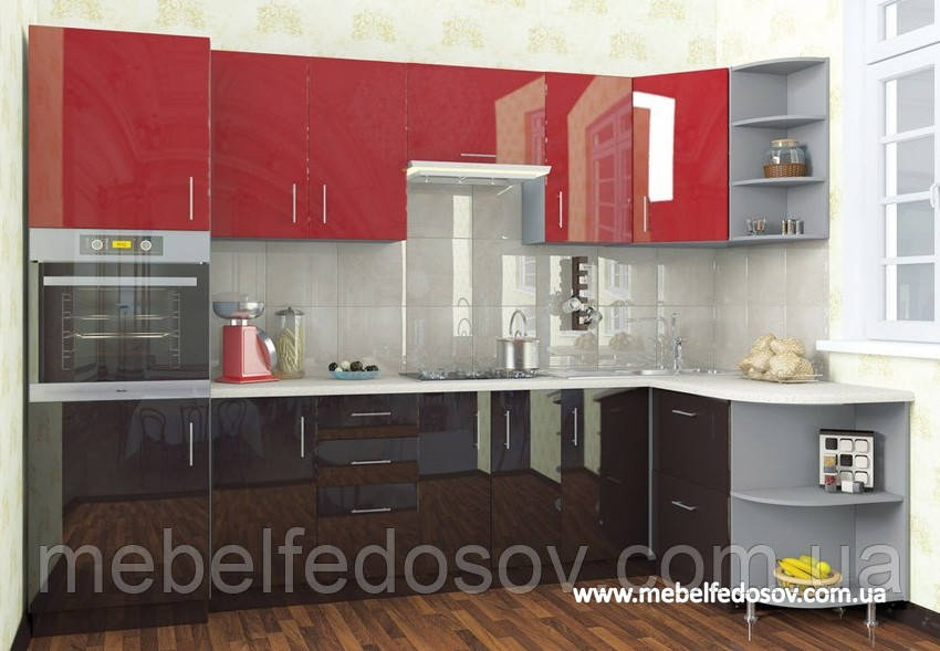 Кухня Hihg Gloss / Х'юго Глос (Мебель стар)3000*1500мм ферарі +шоколад кутова м/п