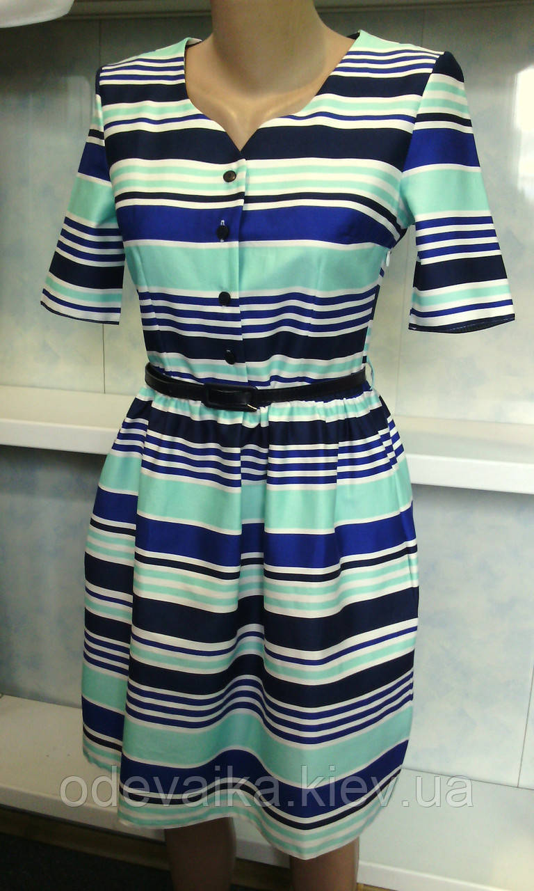 Жіноче плаття з натуральної тканини середньої щільності в смужку з пишною спідницею 44/46 розміру