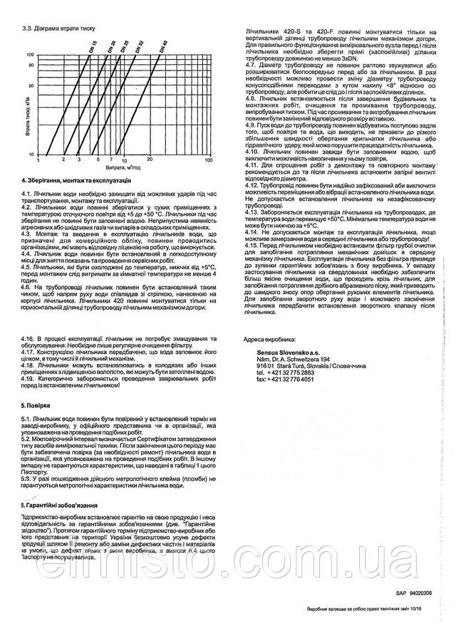 Паспорт водосчетчика Sensus 420 Q3 2,5 (dy 15) 1/2"