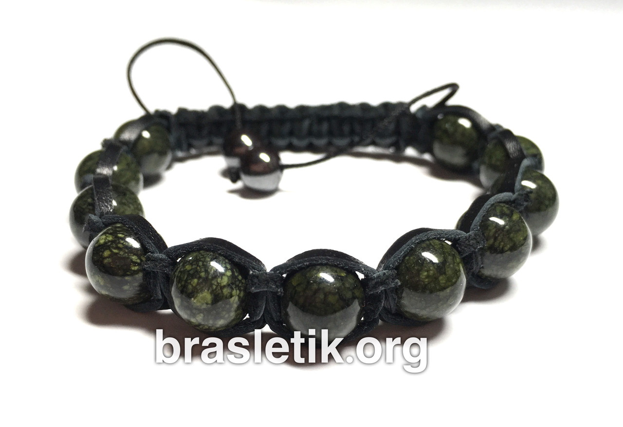 Кожаный браслет с натуральным камнем Змеевик shamballa - фото 1 - id-p71919450