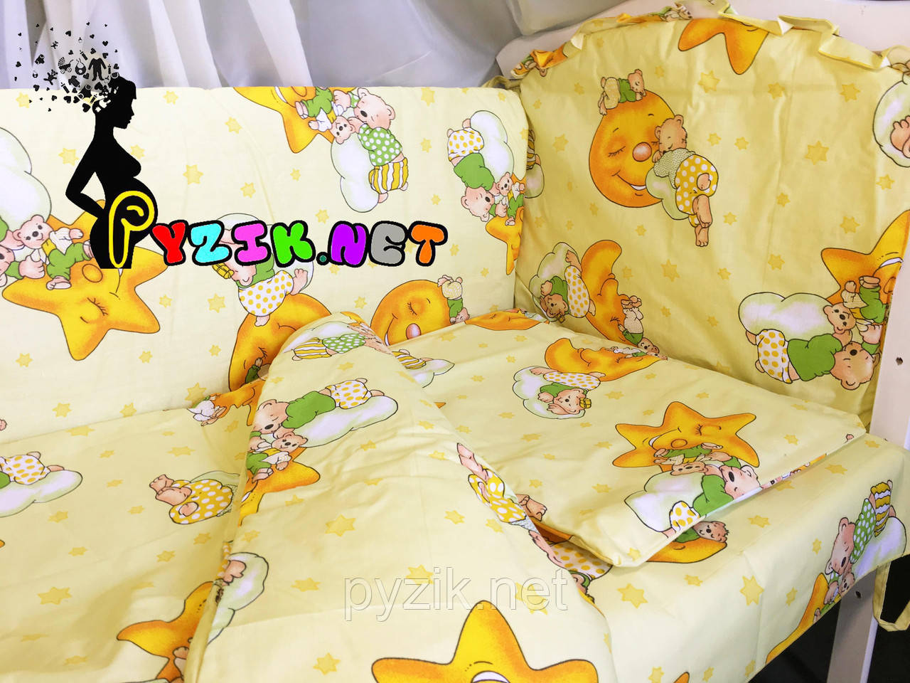 Постільний набір в дитячу ліжечко (8 предметів) Premium "Ведмедики на місяці" жовтий, фото 1