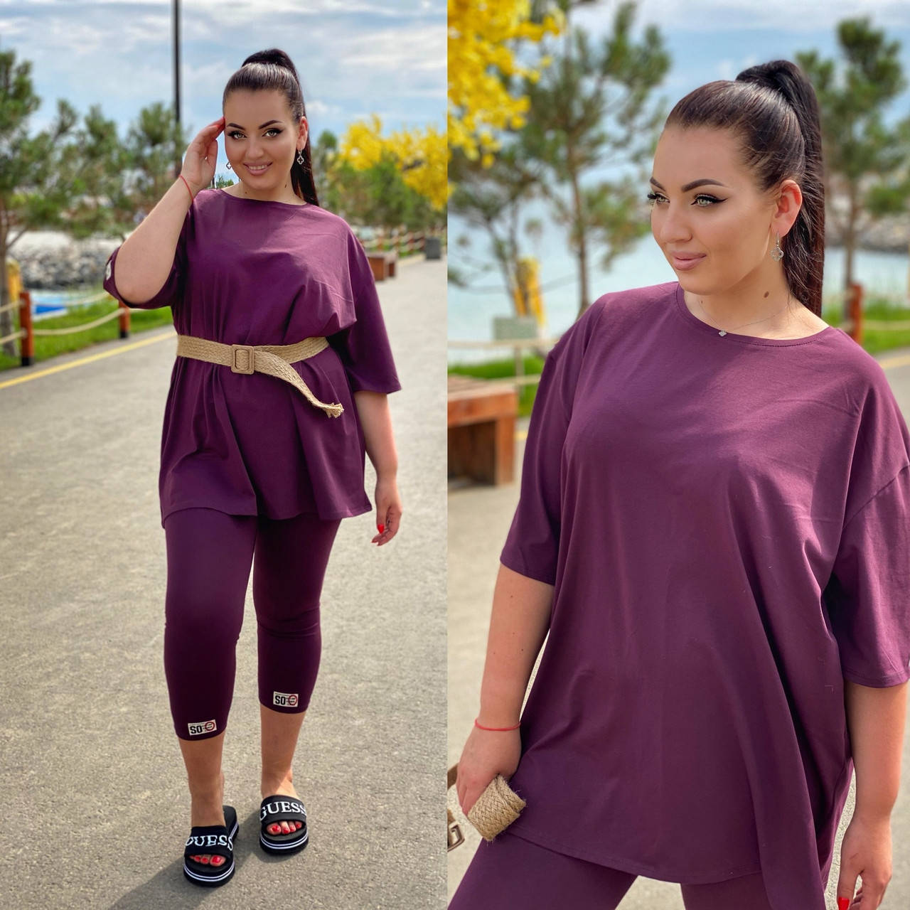 

Женский летний костюм, размер 42-62 Свободная футболка и капри 56-60, Бежевый