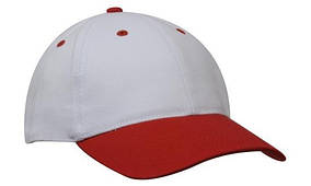 Кепка шестипанельная Brushed Cotton Cap, біла з червоним дашком, від 10 шт