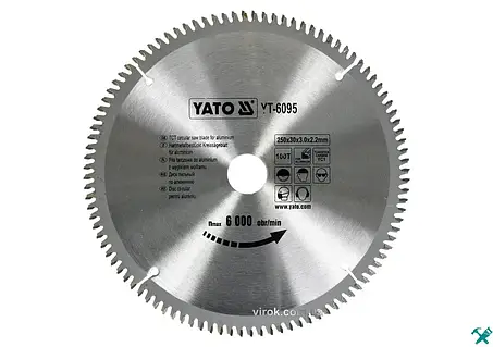 Диск пилки для алюмінію YATO 250х30х3.0x2.2 мм 100 зубців R.P.M до 6000 1/хв для точного різання