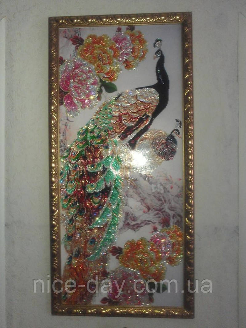 Картина для рисования камнями Алмазная вышивка мозаика "Павлины и цветы" 55 см - фото 4 - id-p517448169