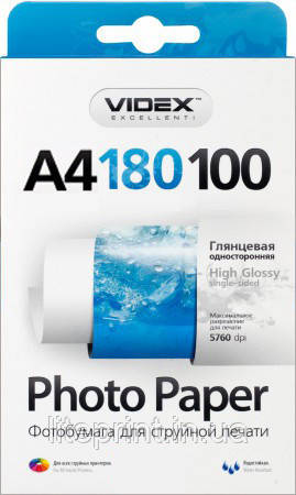 Videx Фотопапір HGA4 180/100 Глянсовий односторонній 100 аркушів