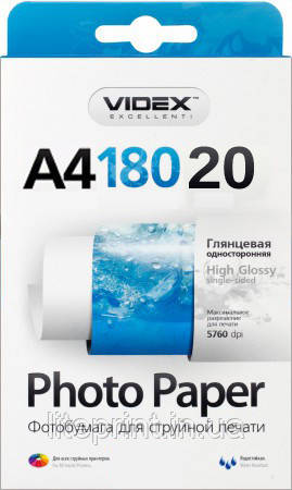 Videx Фотопапір HGA4 180/20 Глянсовий односторонній А4 20 аркушів