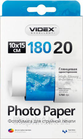 Videx Фотопапір HGA6 180/20 Глянсовий односторонній10x15 20 аркушів