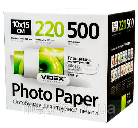 Videx Фотопапір HGA6 220/500 Глянсовий односторонній 10x15 500 аркушів