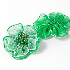 Квітка Ручної Роботи, З органзи та бісеру, Зелена, 30x30x9мм, 10 шт