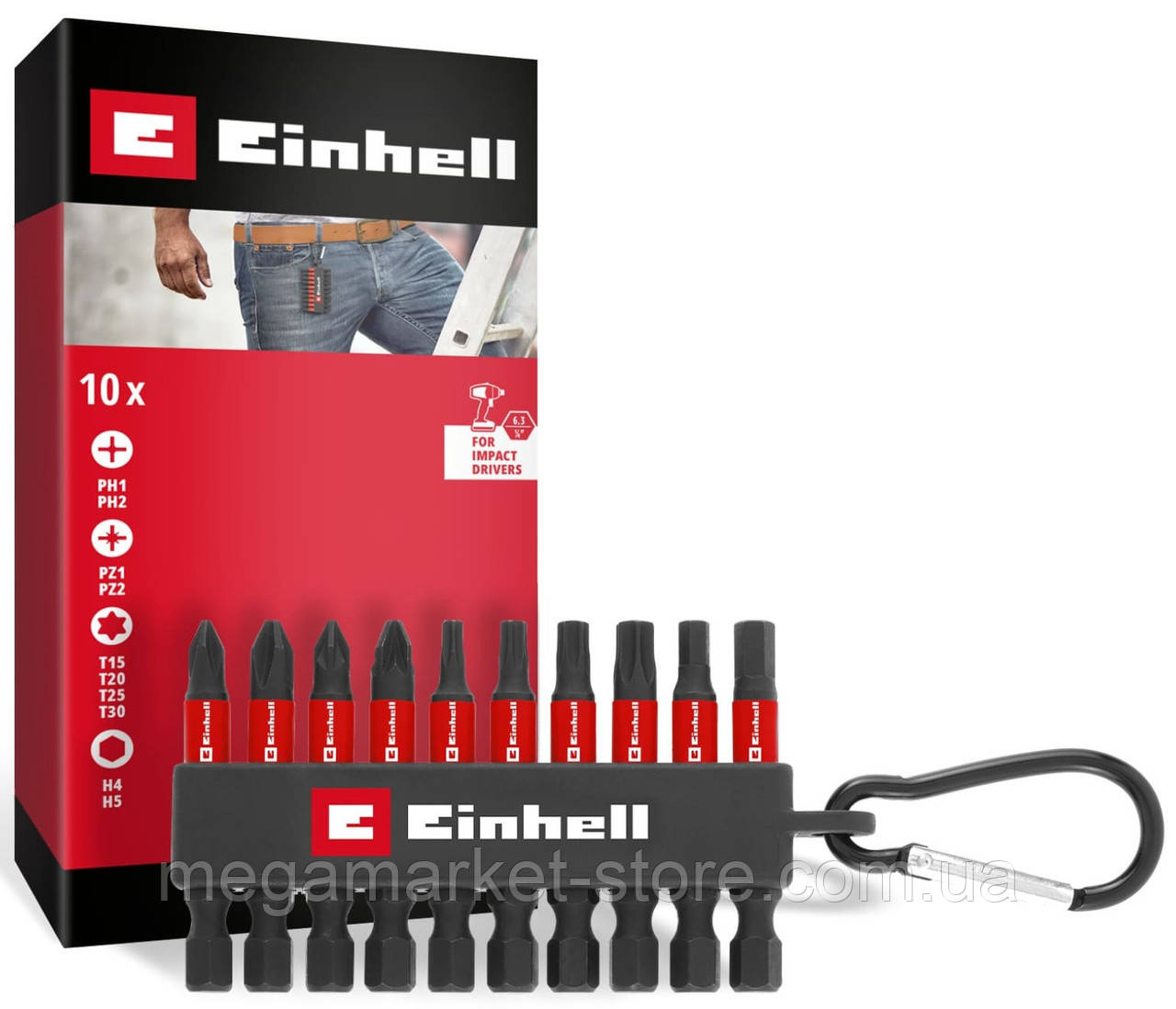 Биты Einhell 50мм битодержатель с карабином, PH, PZ, T, H набор 10шт, фото 1