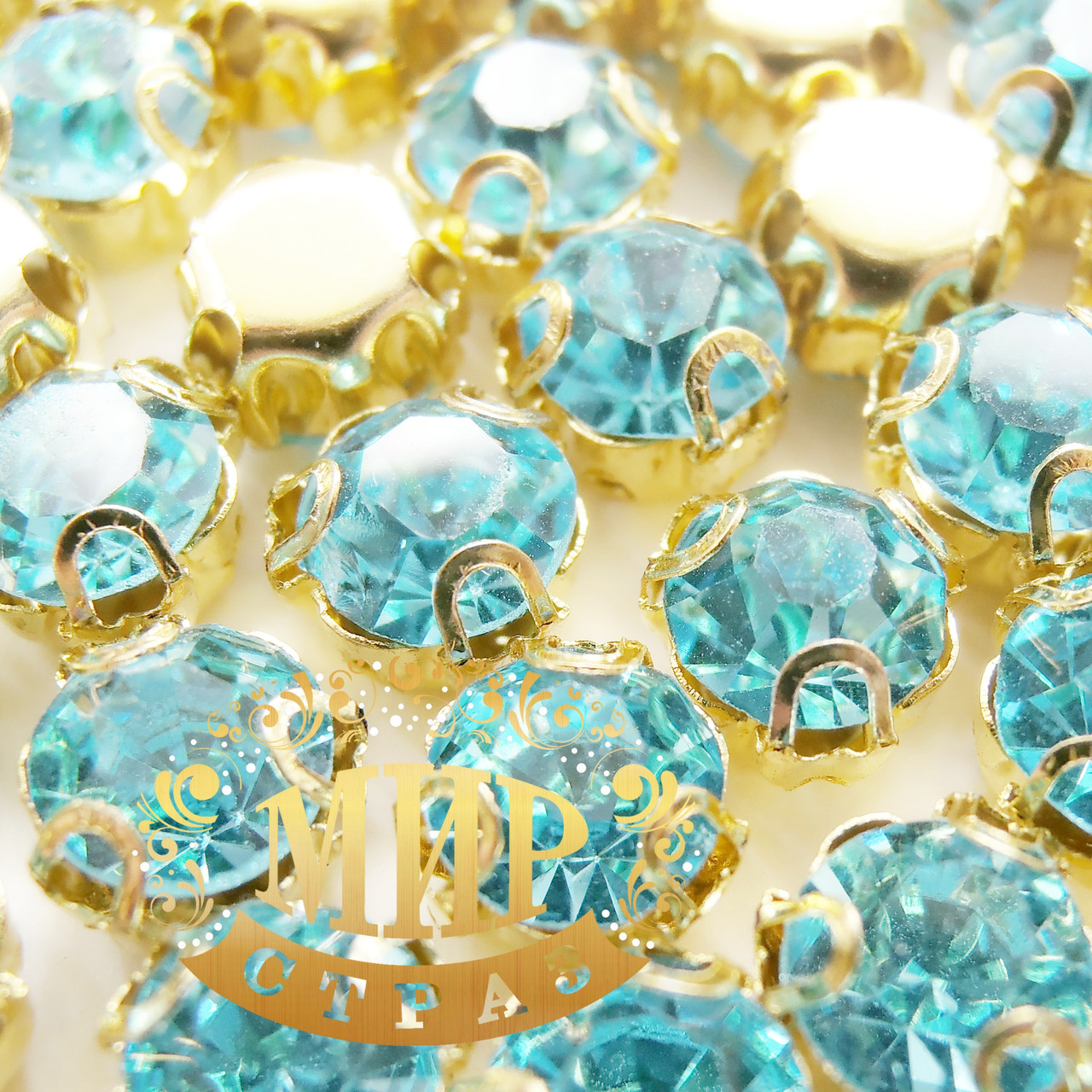Круглі стрази в золотих цапах, розмір 5 мм, колір Aquamarine, фото 1