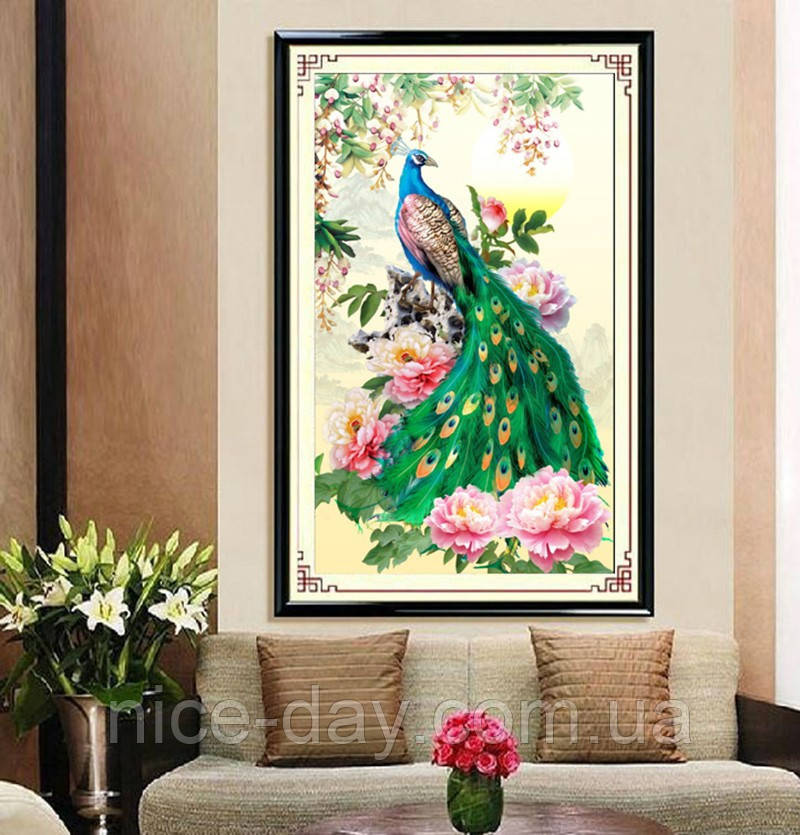 Картина для малювання камінням Diamond painting Алмазна вишивка "Павлін і квіти"