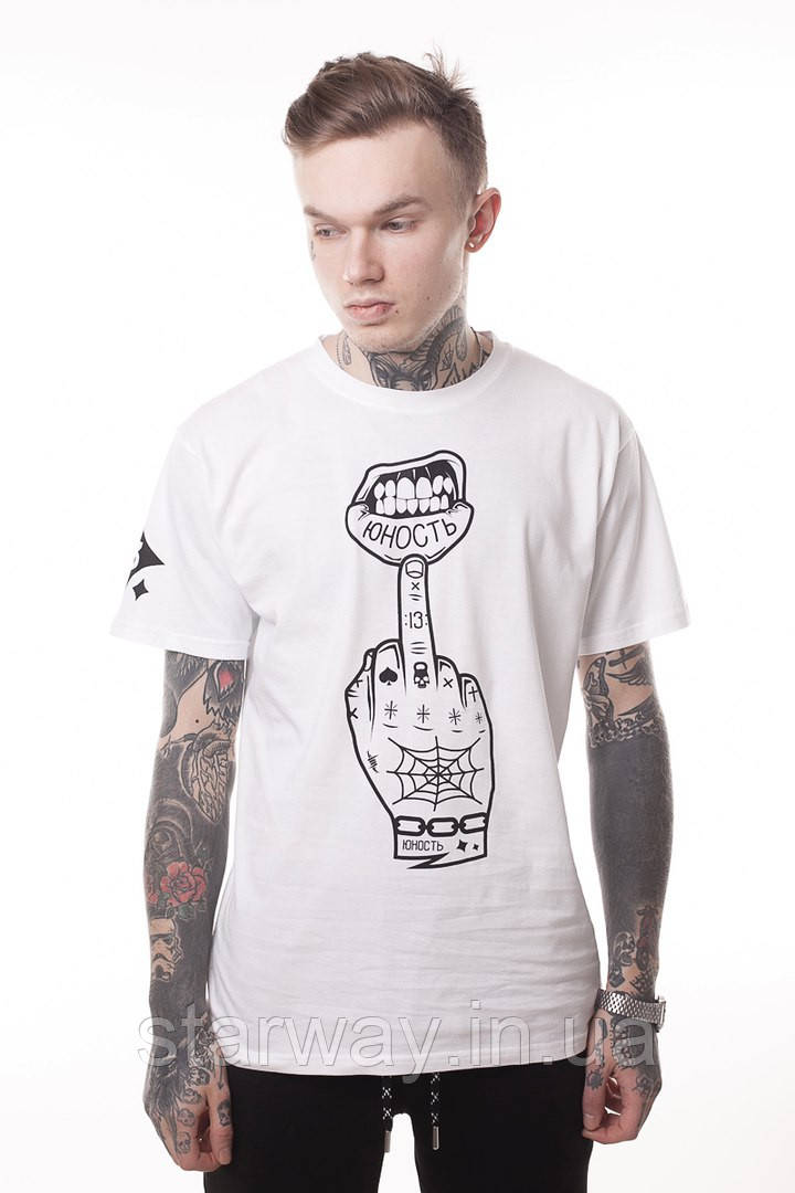 Біла футболка принт юность анти ю 13, фото 1