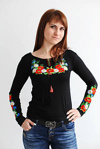 Дивовижна вишиванка жіноча на довгий рукав, вишитими маками та ромашками В-2
