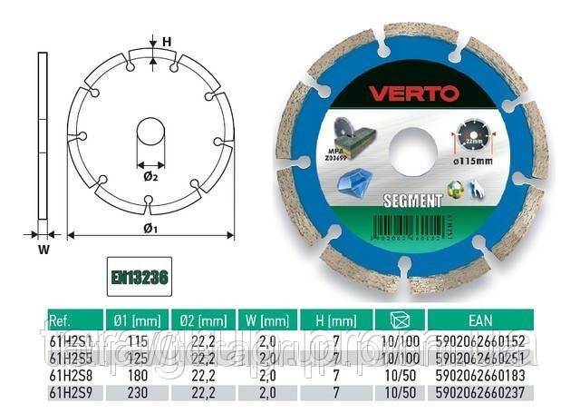 Диск алмазный сегментный для УШМ 115х22,2мм., VERTO 61H2S1 - фото 1 - id-p15079363