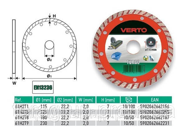 Диск алмазний Turbo для КШМ 180х22,2 мм, VERTO 61H2T8, фото 2